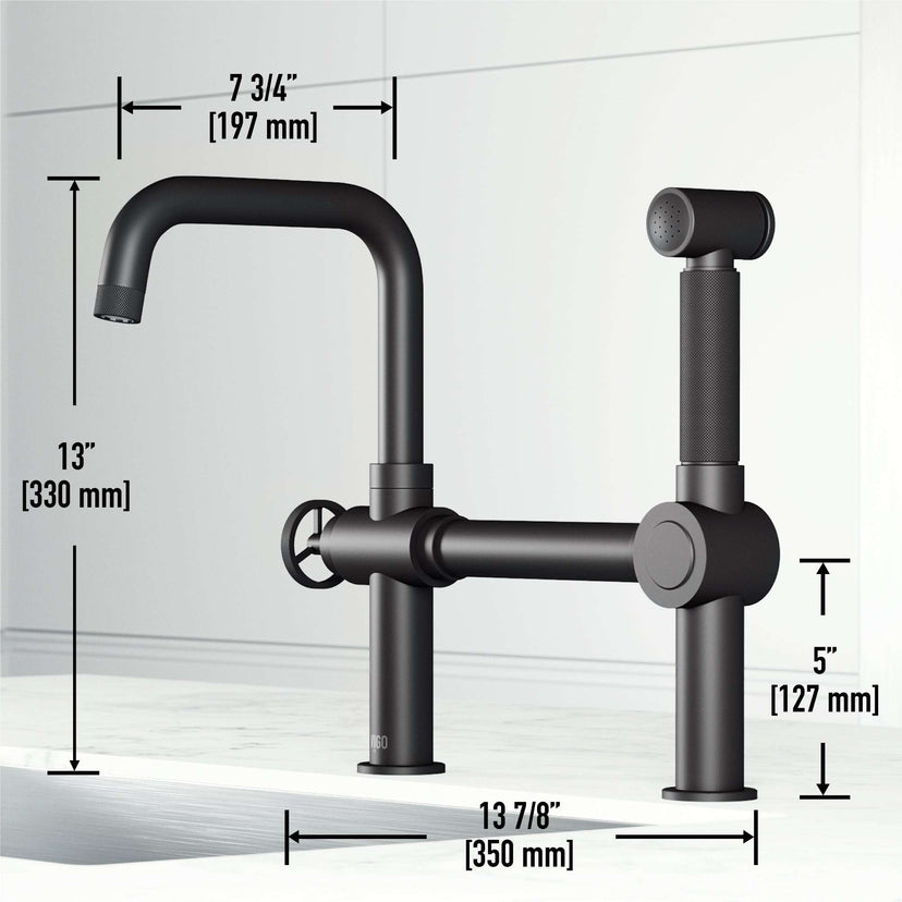VIGO Cass Kitchen Faucet with Sprayer in chrome finish featuring exposed bridge design and pull-out side sprayer