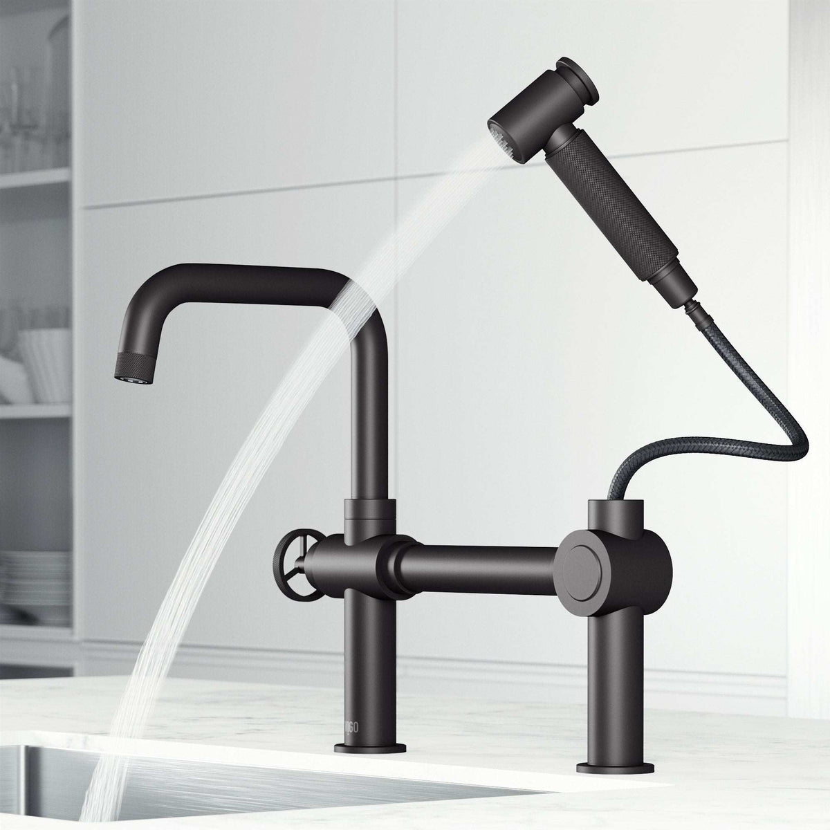 VIGO Cass Kitchen faucet with pull-out side sprayer in chrome with bridge design and swivel spout