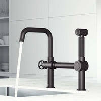 VIGO Cass Kitchen Faucet with Sprayer in chrome featuring exposed bridge design and pull-out side sprayer