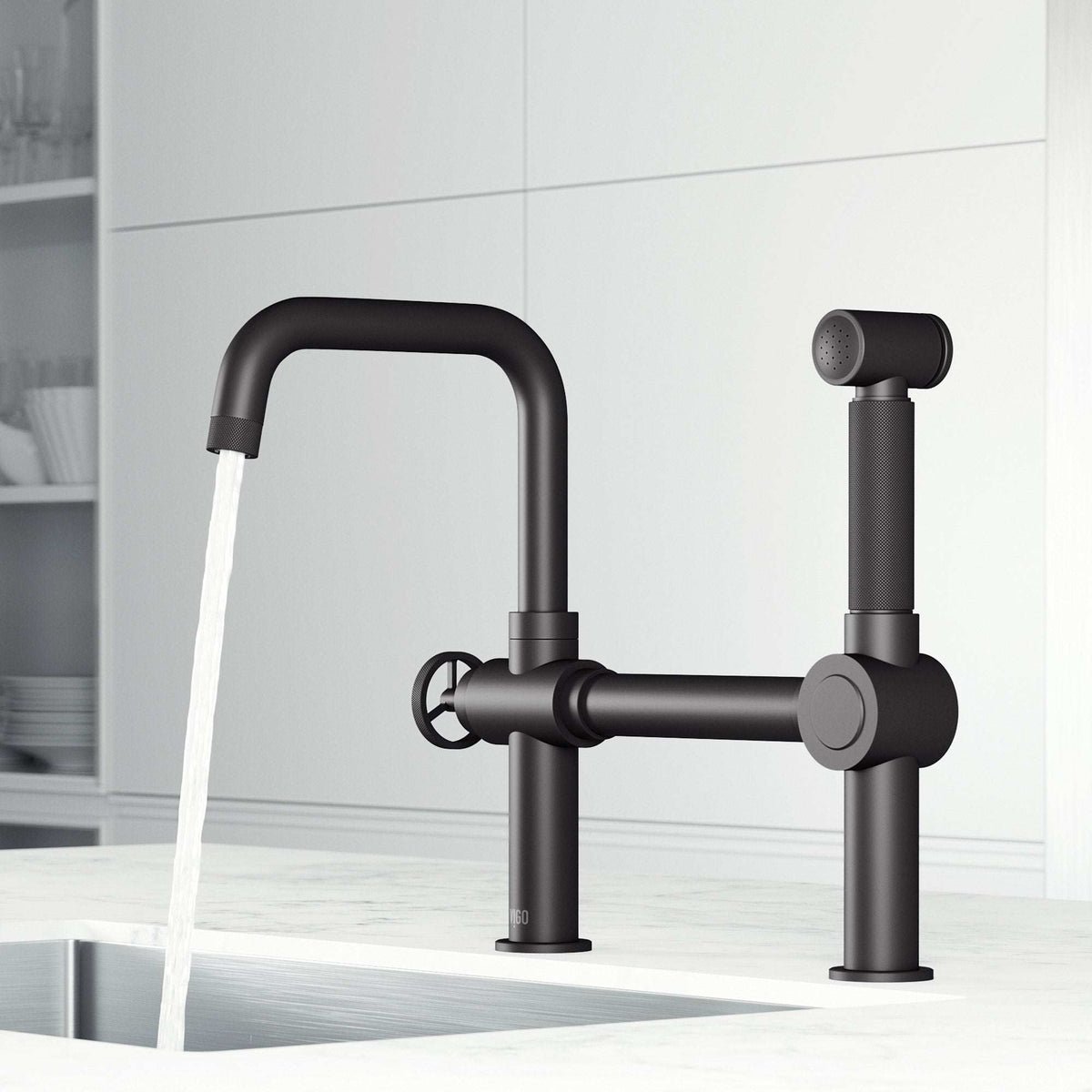 VIGO Cass Kitchen Faucet with Sprayer in chrome featuring exposed bridge design and pull-out side sprayer