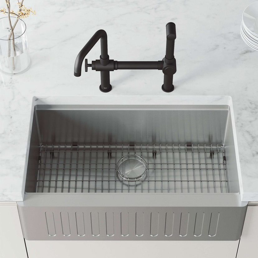 Chrome Cass kitchen faucet with pull-out side sprayer and industrial bridge design