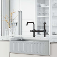 VIGO Cass kitchen faucet with pull-out side sprayer in chrome with industrial bridge design and 360° swivel spout