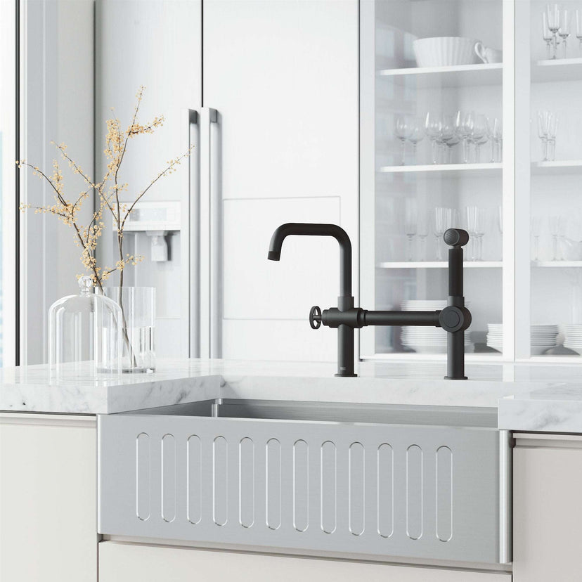 VIGO Cass kitchen faucet with pull-out side sprayer in chrome with industrial bridge design and 360° swivel spout