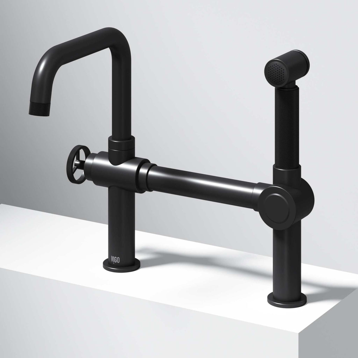 VIGO Cass Kitchen Faucet with Sprayer in chrome finish featuring exposed bridge design and pull-out side sprayer