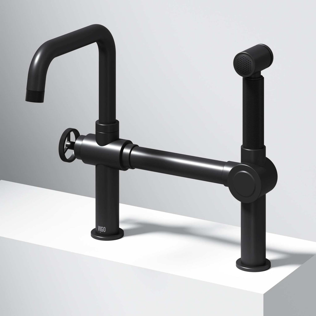 VIGO Cass Kitchen Faucet with Sprayer in chrome finish featuring exposed bridge design and pull-out side sprayer