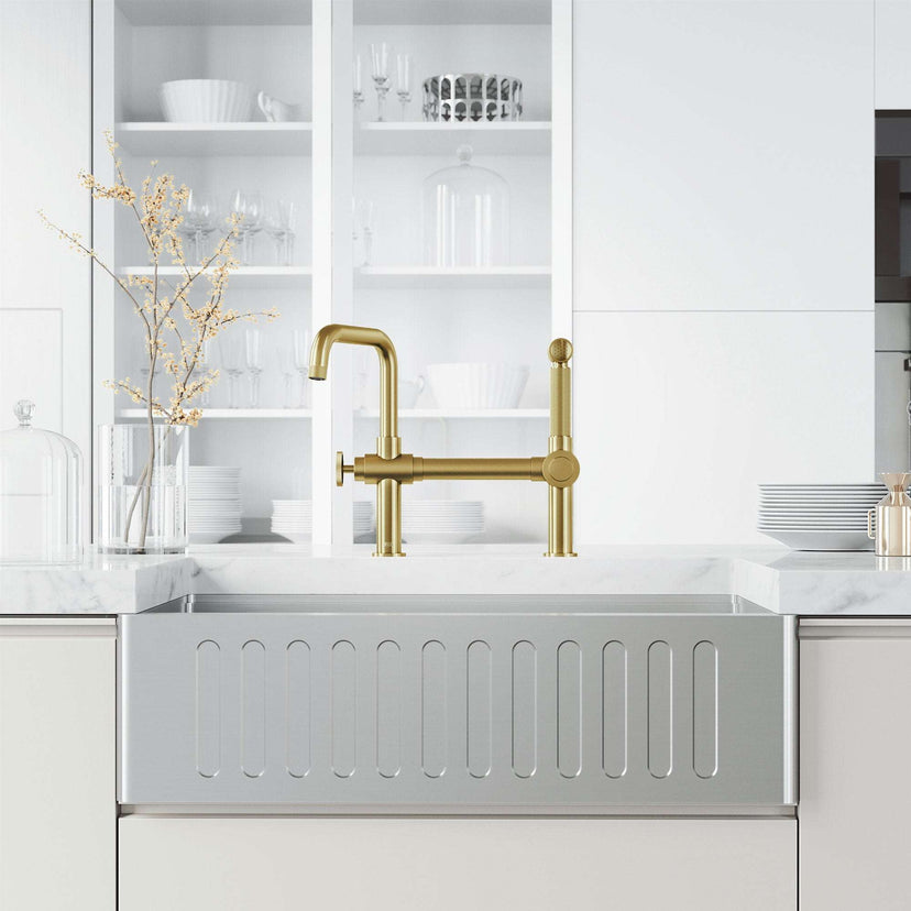 VIGO Cass chrome kitchen faucet with pull-out side sprayer and exposed bridge design
