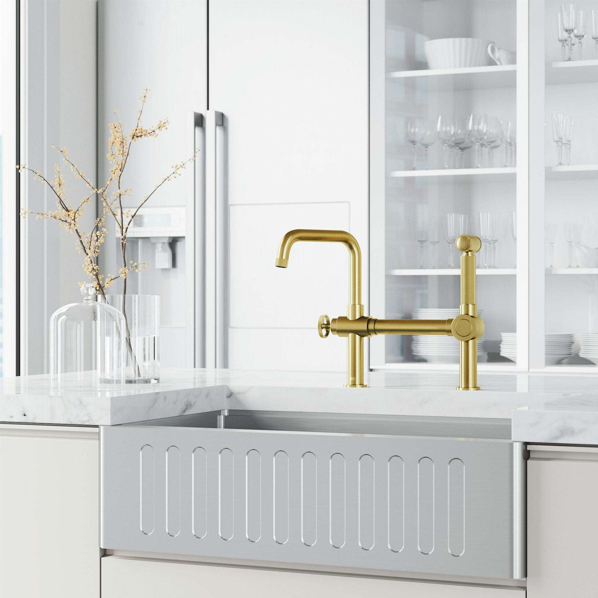 VIGO Cass Kitchen Faucet with Sprayer in chrome finish featuring exposed bridge design and pull-out side sprayer