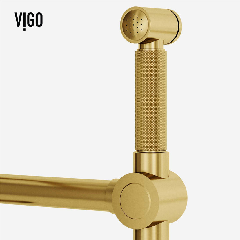 VIGO Cass Kitchen Faucet with Sprayer in chrome finish featuring industrial bridge design and pull-out side sprayer