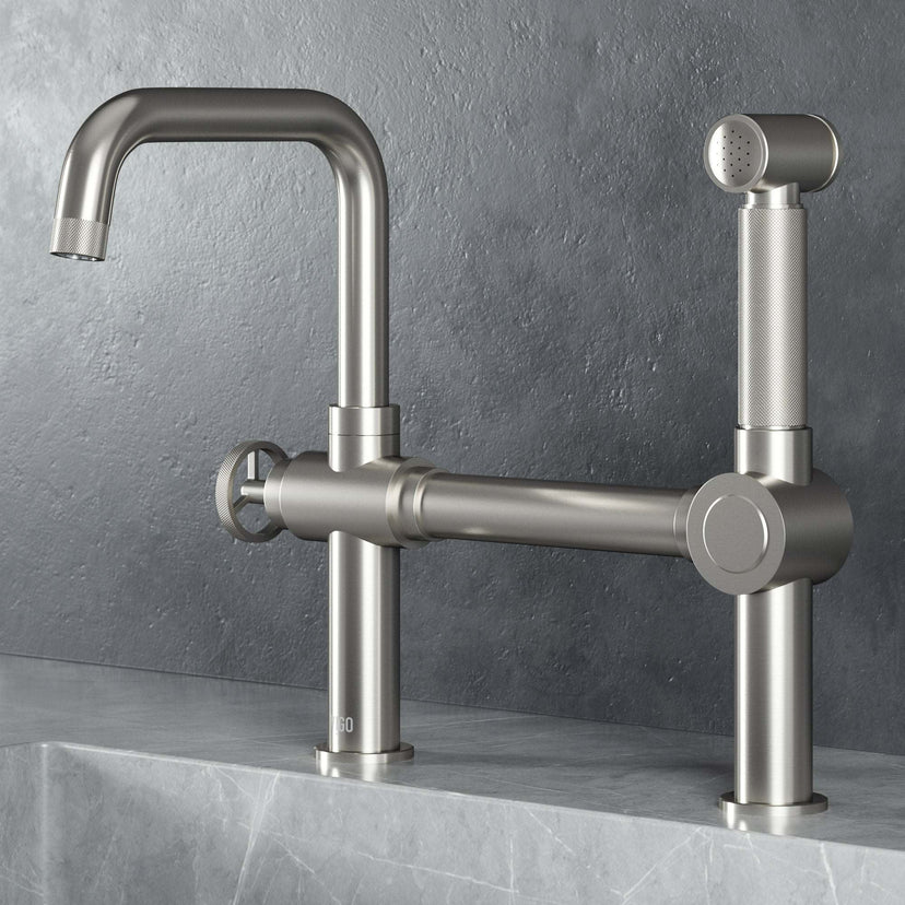 VIGO Cass kitchen faucet with chrome finish and pull-out side sprayer, industrial design with exposed bridge and wheel handle
