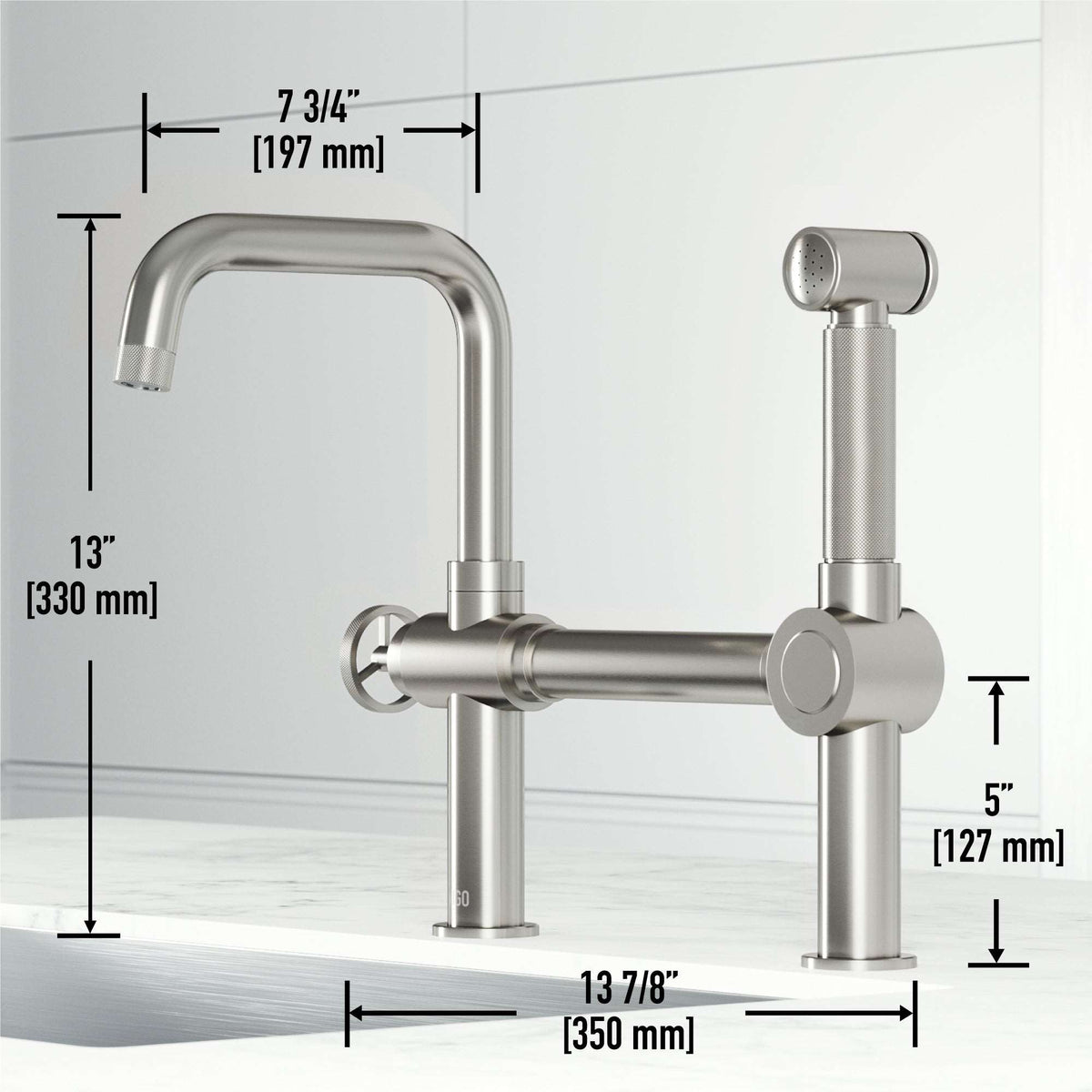 Chrome Cass kitchen faucet with pull-out side sprayer and exposed bridge design