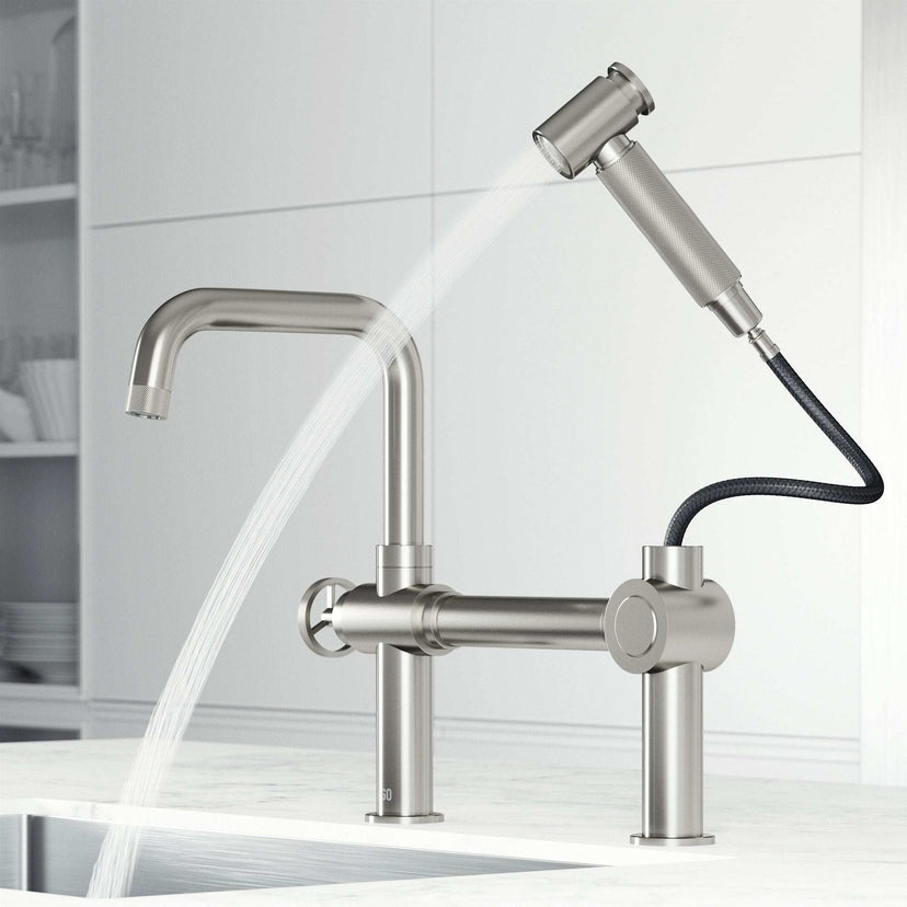 Chrome kitchen faucet with pull-out side sprayer and industrial bridge design