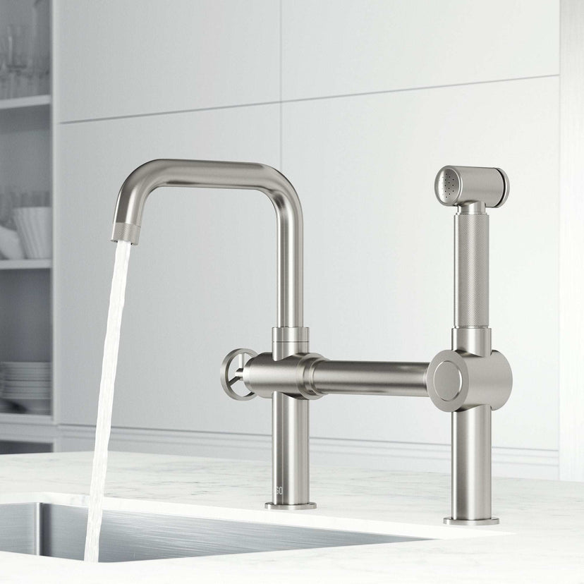 VIGO Cass chrome kitchen faucet with pull-out sprayer and industrial bridge design