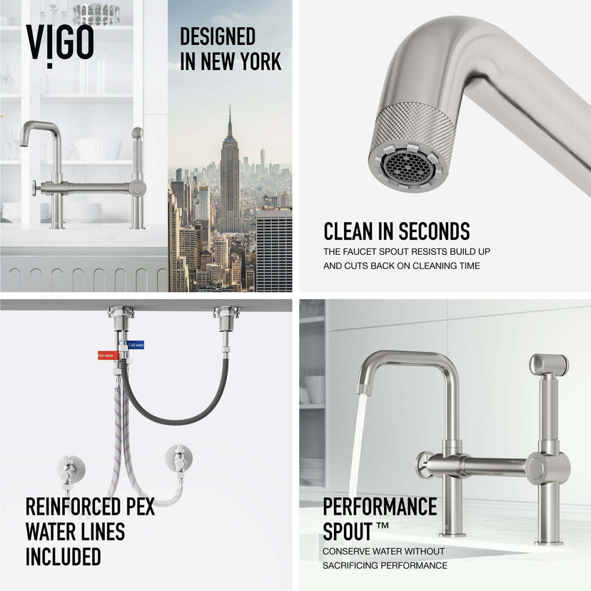 Chrome kitchen faucet with pull-out side sprayer and bridge design