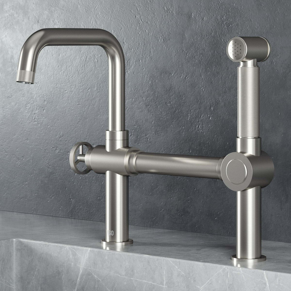 VIGO Cass kitchen faucet with sprayer in chrome finish featuring bridge design and pull-out side sprayer