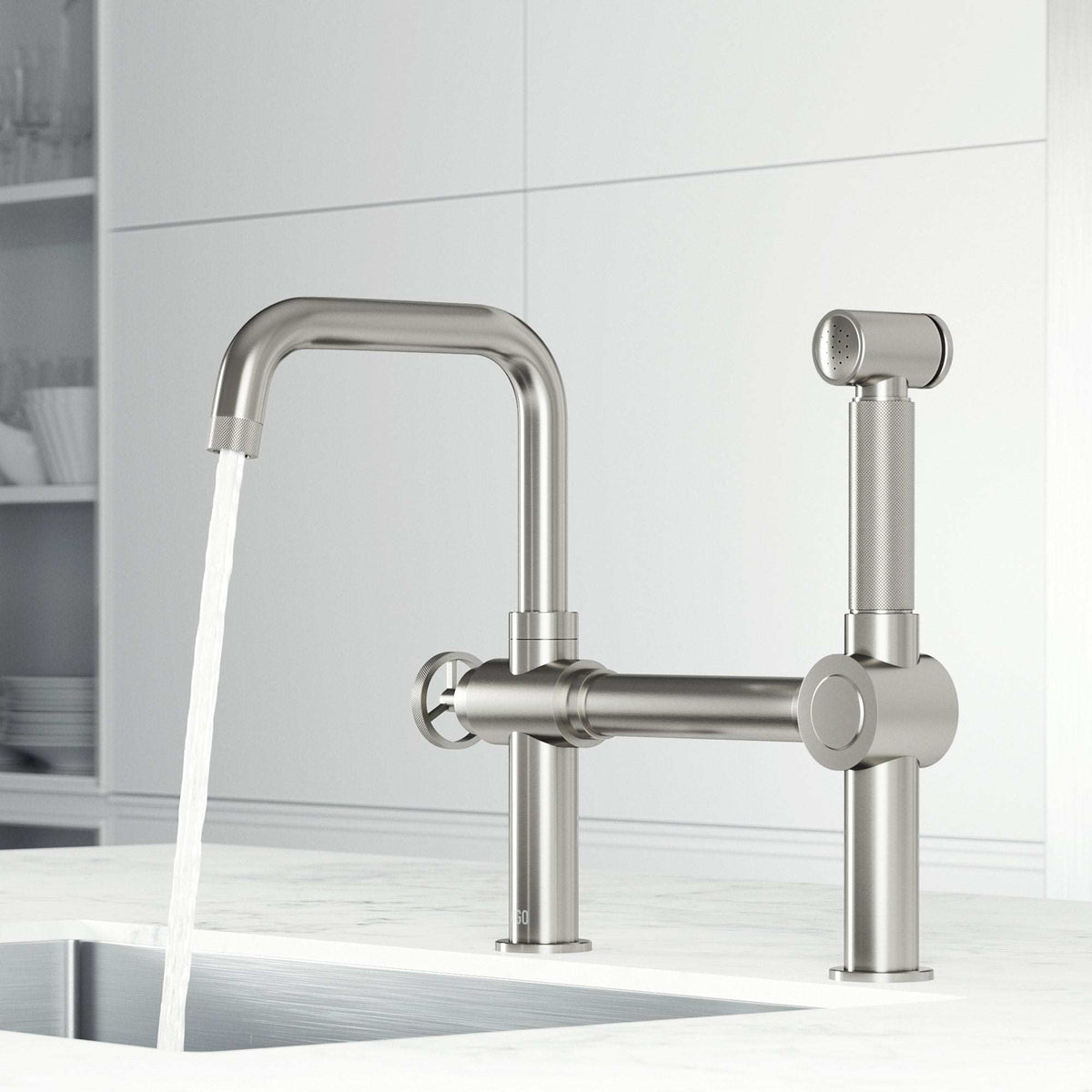 VIGO Cass chrome kitchen faucet with pull-out side sprayer and exposed bridge design
