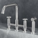Chrome double handle kitchen faucet with high-arc gooseneck spout and side spray