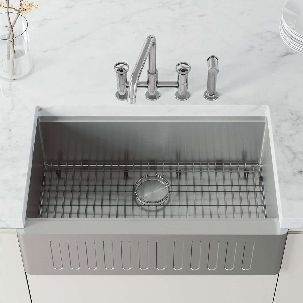 High-arc kitchen faucet with knob handles and side spray activation in chrome finish
