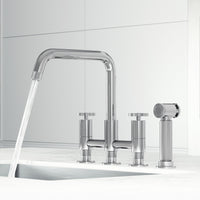 Double handle kitchen faucet with gooseneck spout and included mounting hardware