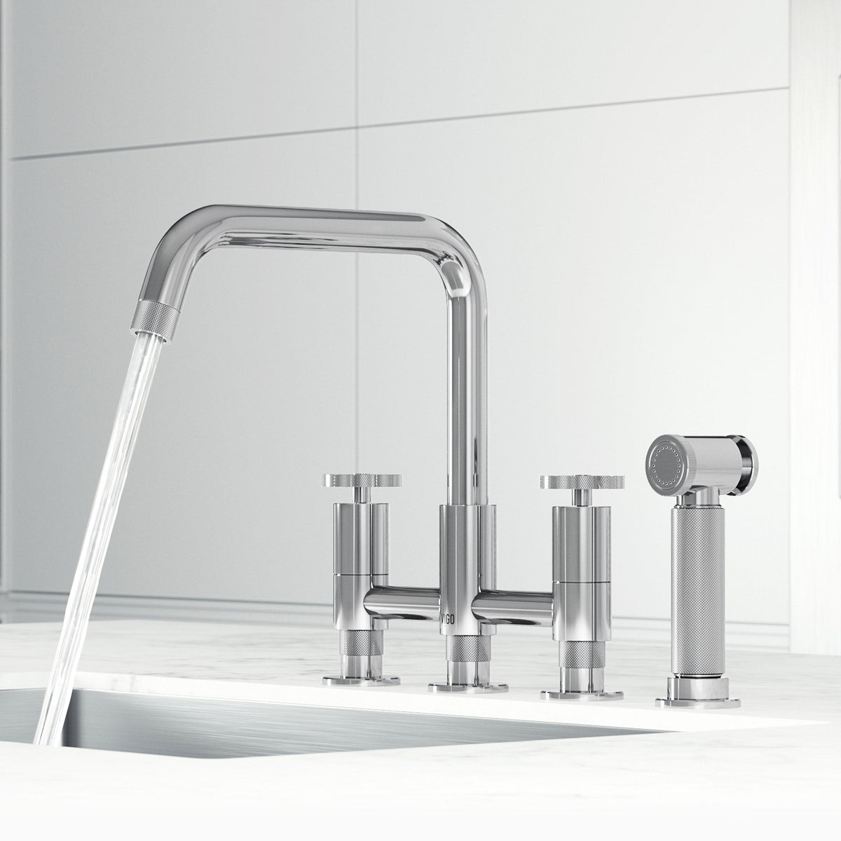 Double handle kitchen faucet with gooseneck spout and included mounting hardware