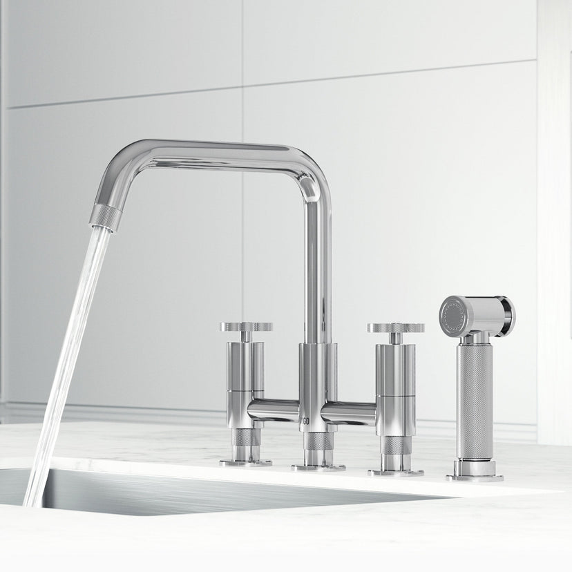 Double handle kitchen faucet with gooseneck spout and included mounting hardware
