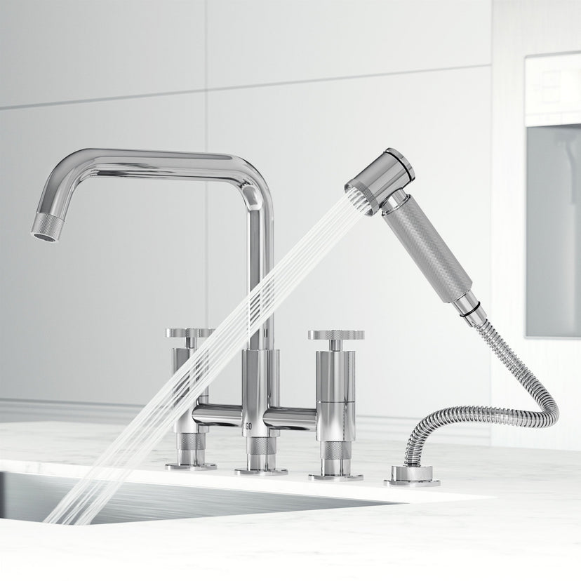 Modern kitchen faucet with 12-inch assembled height and matte chrome finish