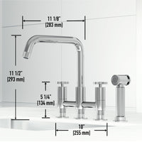 Chrome bridge faucet with side spray and 360-degree swivel spout for easy cleaning