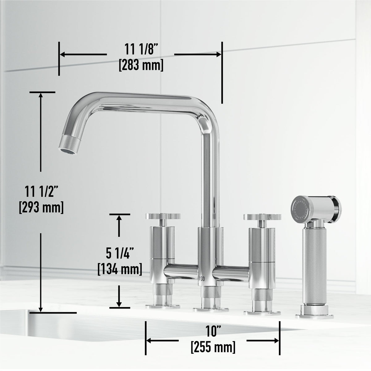 Chrome bridge faucet with side spray and 360-degree swivel spout for easy cleaning
