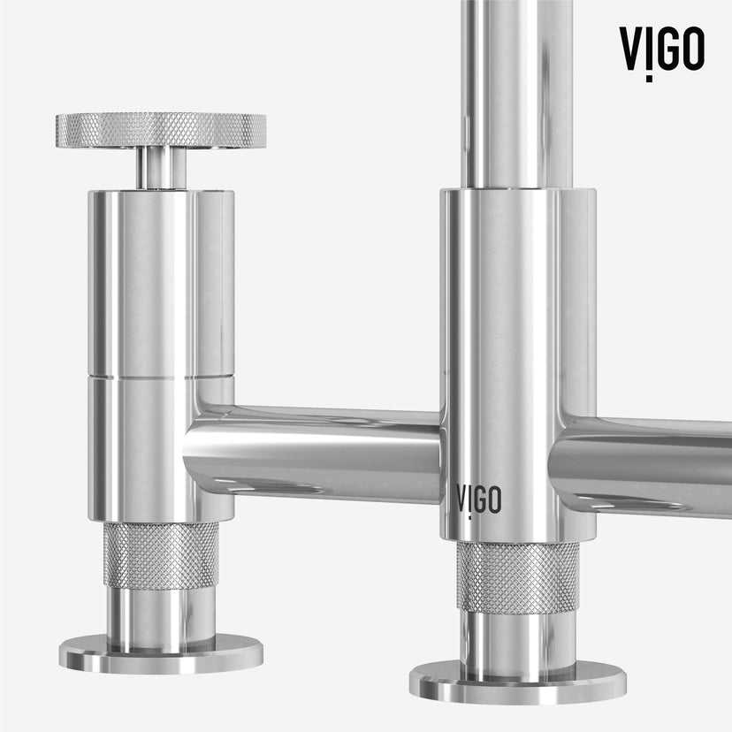 Double handle kitchen faucet with brass construction and chrome finish