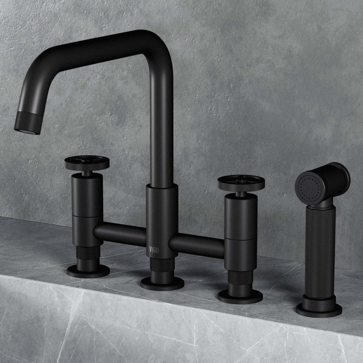 Matte black double handle kitchen faucet with high-arc gooseneck spout and side spray