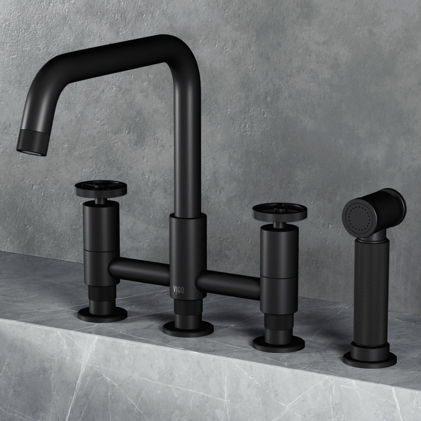 Matte black double handle kitchen faucet with high-arc gooseneck spout and side spray