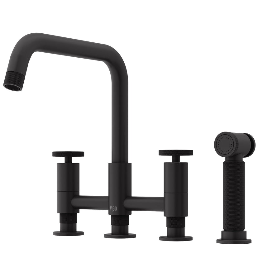 Matte black kitchen faucet with pre-rinse function and compression connections