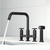 Double handle kitchen faucet with gooseneck spout and included mounting hardware