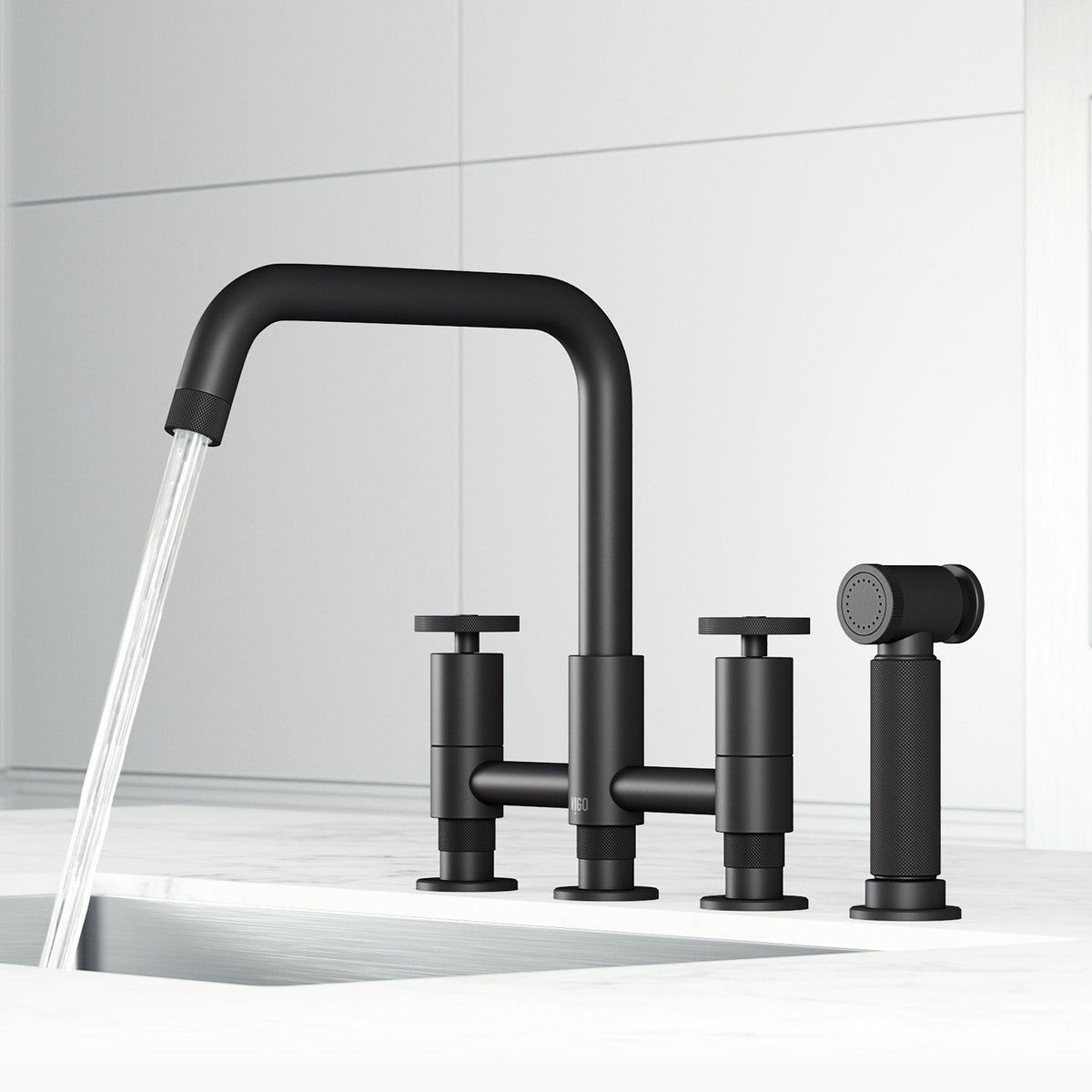 Double handle kitchen faucet with gooseneck spout and included mounting hardware