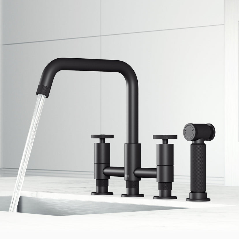 Double handle kitchen faucet with gooseneck spout and included mounting hardware