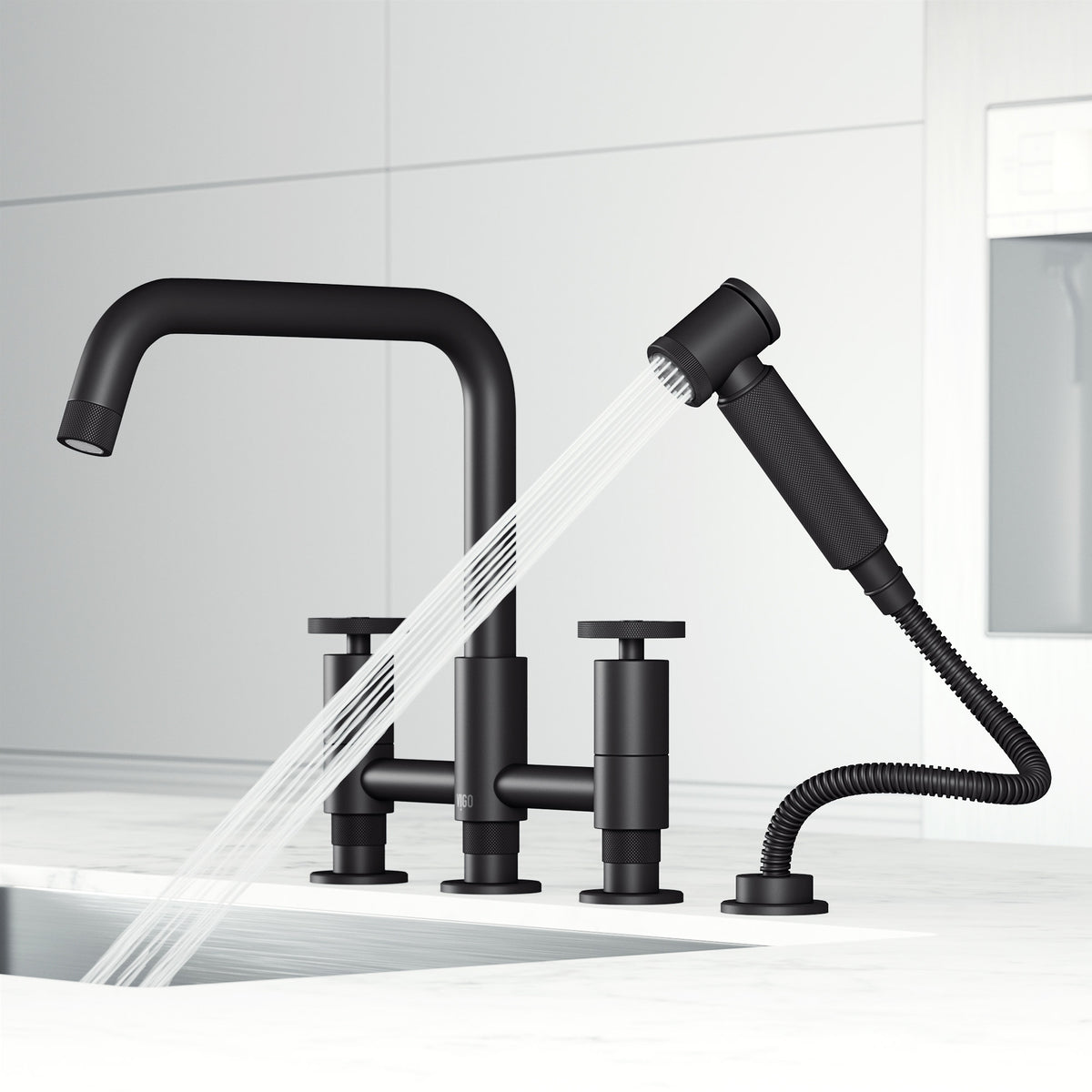 Modern kitchen faucet with 12-inch assembled height and matte black finish