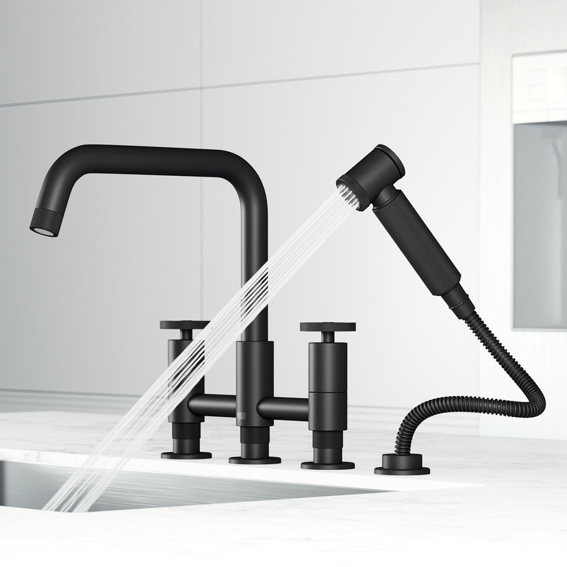 Modern kitchen faucet with 12-inch assembled height and matte black finish