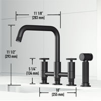 Matte black bridge faucet with side spray and 360-degree swivel spout for easy cleaning