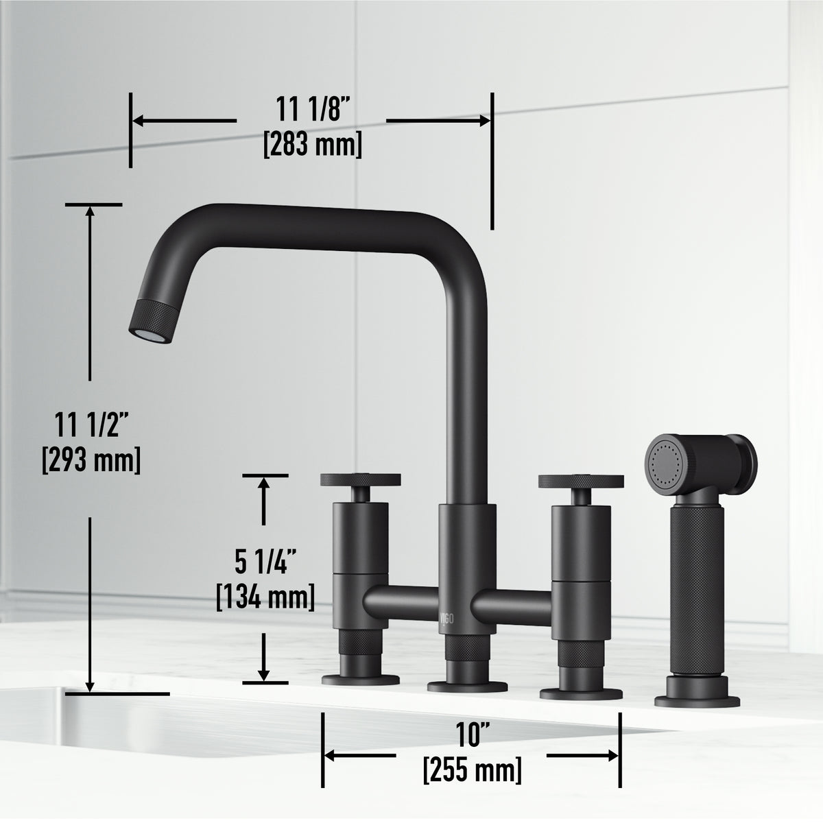 Matte black bridge faucet with side spray and 360-degree swivel spout for easy cleaning