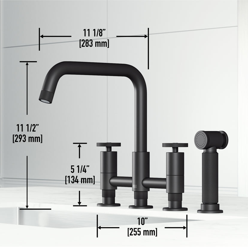 Matte black bridge faucet with side spray and 360-degree swivel spout for easy cleaning