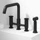 Matte black bridge faucet with side spray and compression fittings for deck mount
