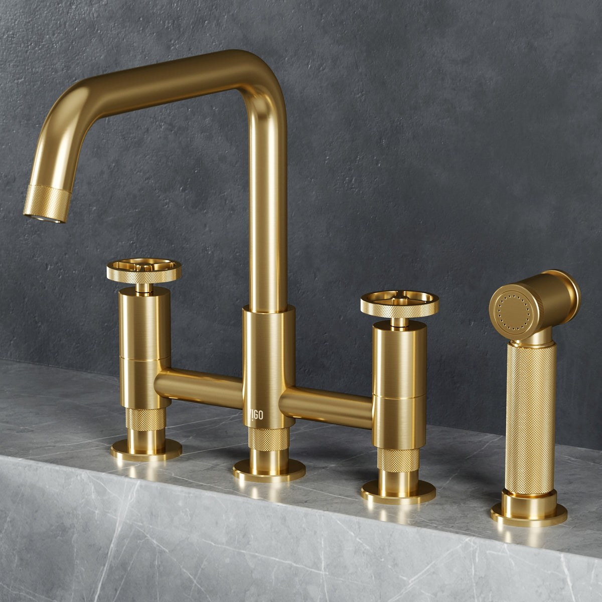 Matte brushed gold double handle kitchen faucet with high-arc gooseneck spout and side spray
