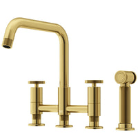 Matte brushed gold kitchen faucet with pre-rinse function and compression connections