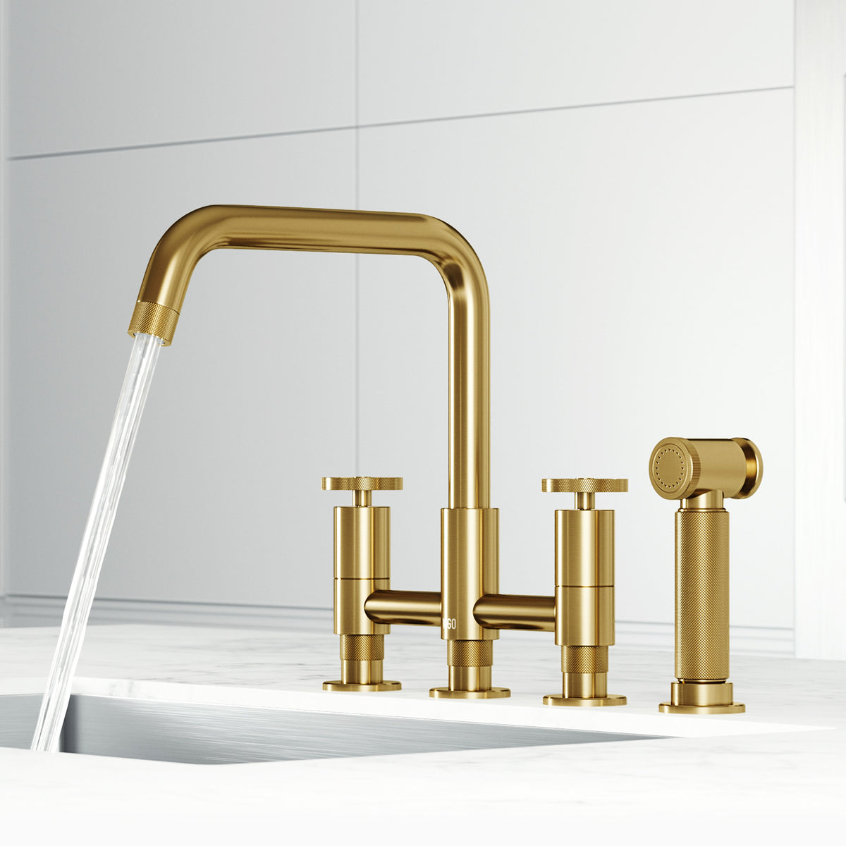 Double handle kitchen faucet with gooseneck spout and included mounting hardware