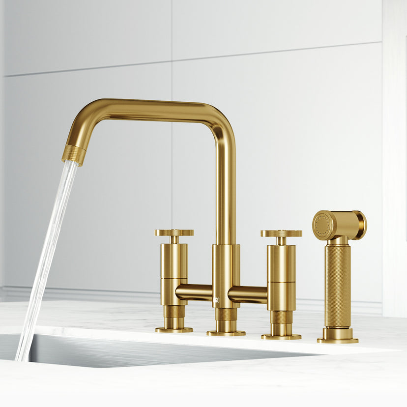 Double handle kitchen faucet with gooseneck spout and included mounting hardware