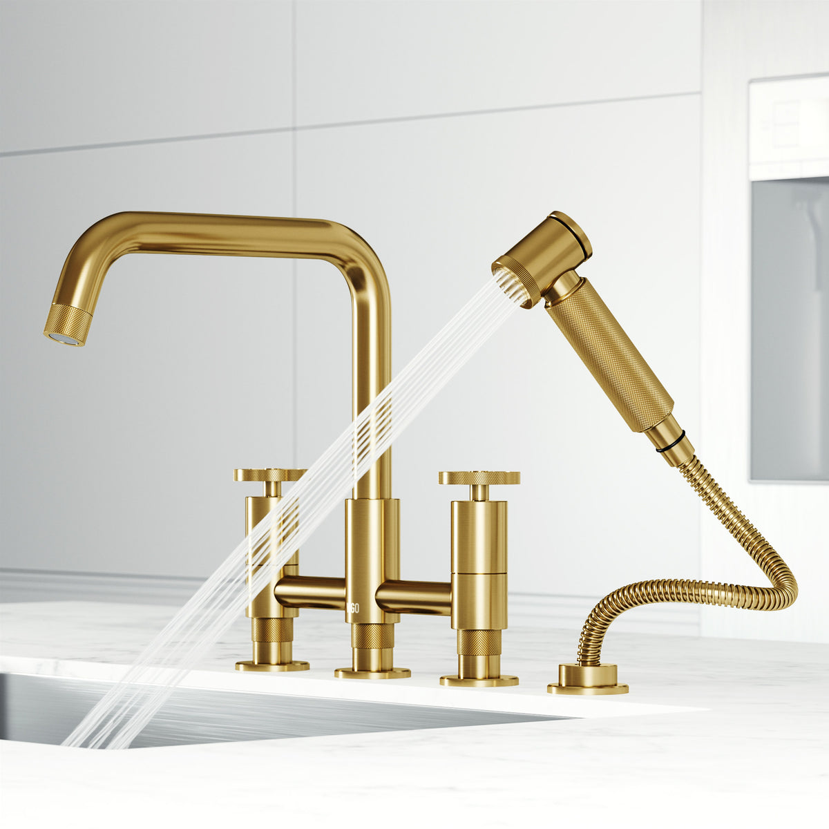 Modern kitchen faucet with 12-inch assembled height and matte brushed gold finish