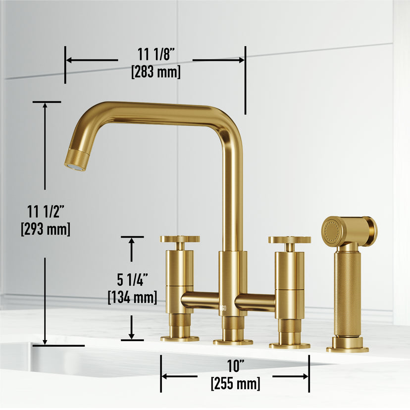 Matte brushed gold bridge faucet with side spray and 360-degree swivel spout for easy cleaning