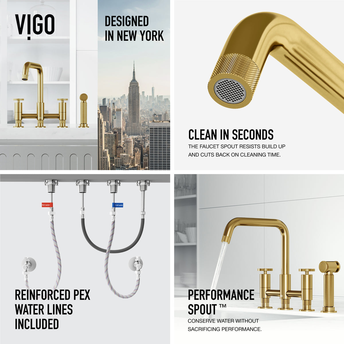 Kitchen faucet with ceramic disc valve and stainless steel sprayer in matte brushed gold