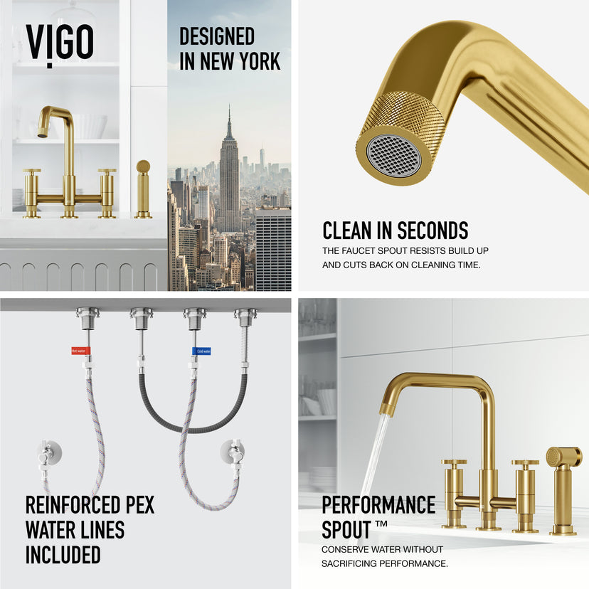 Kitchen faucet with ceramic disc valve and stainless steel sprayer in matte brushed gold