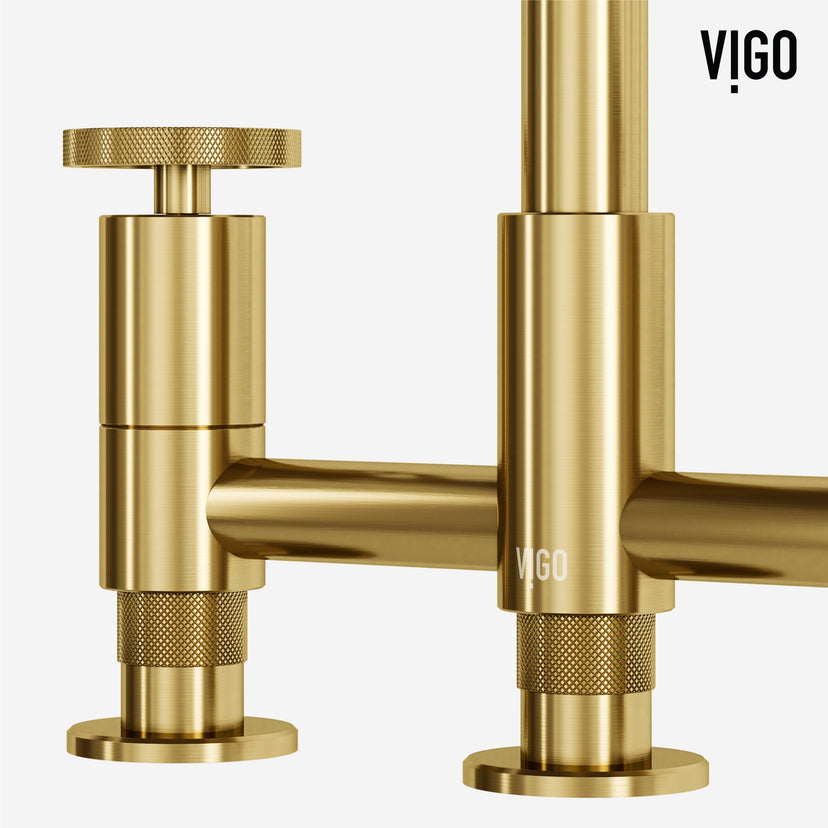 Double handle kitchen faucet with brass construction and matte brushed gold finish