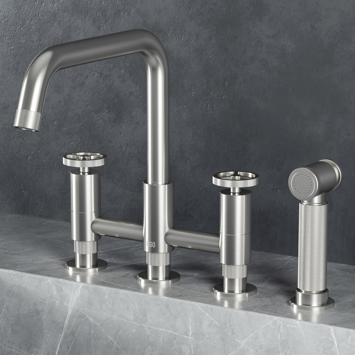 Stainless steel double handle kitchen faucet with high-arc gooseneck spout and side spray